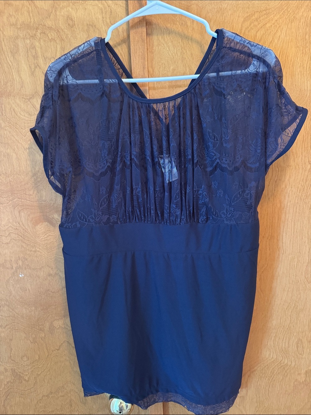 Women's Navy Lace Yoke Short Sleeve Top with under top